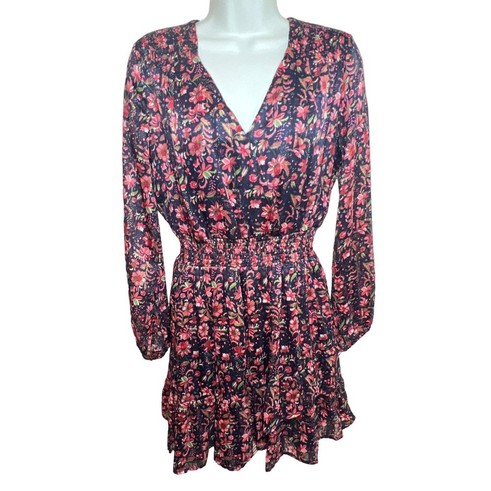 Aqua Floral Fit and Flare Mini Long sleeve Ruffle Dress XS